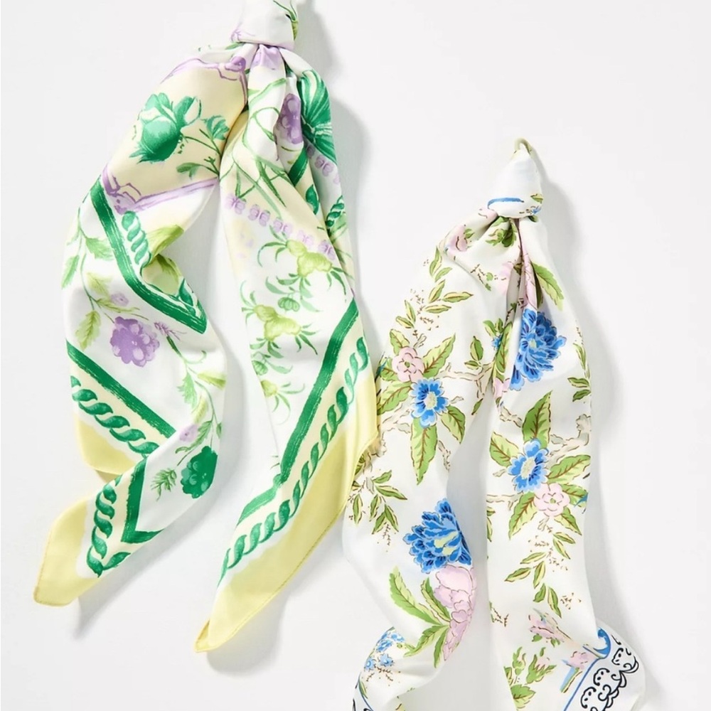 ANTHROPOLOGIE Gardenia Floral Hair Scarves, Set of 2 - Green/Purple, NWT